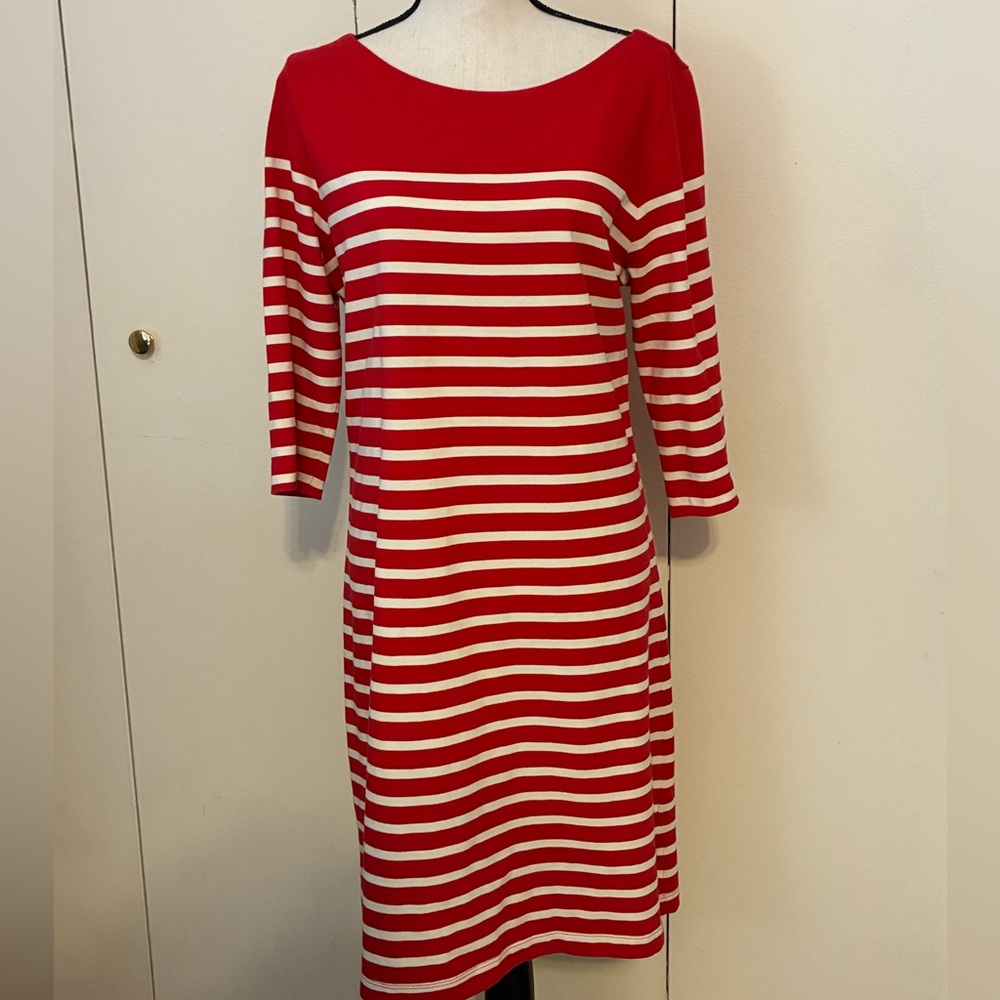 Appleseed's Bold Red and White Striped 3/4 Sleeve Sheath Dress